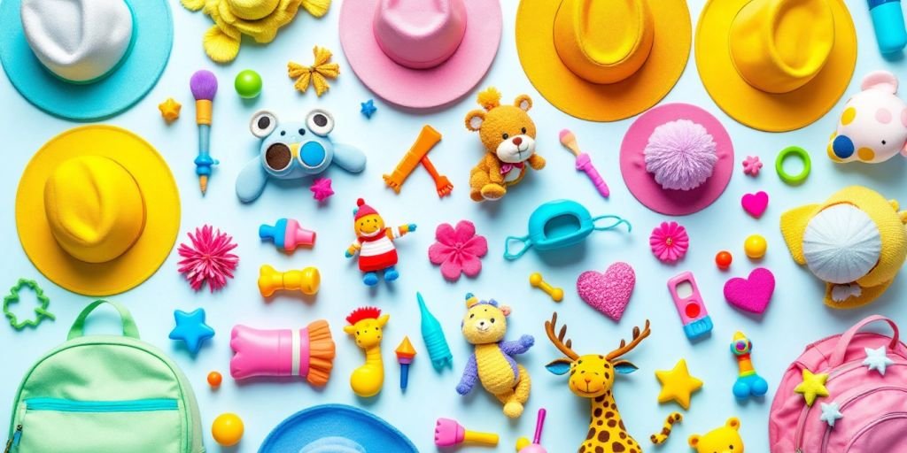 Accessoires colorés pour enfants, chapeaux, sacs à dos.