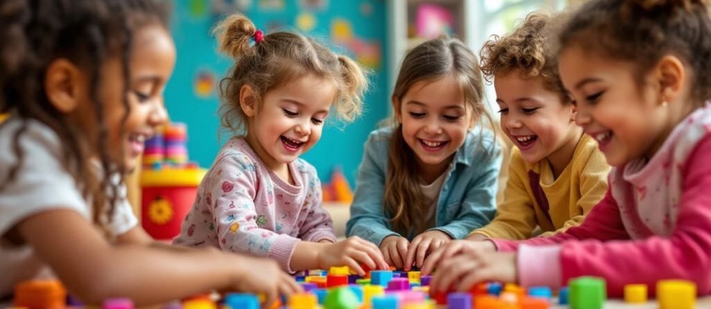 Enfants jouant ensemble dans un cadre coloré et joyeux.