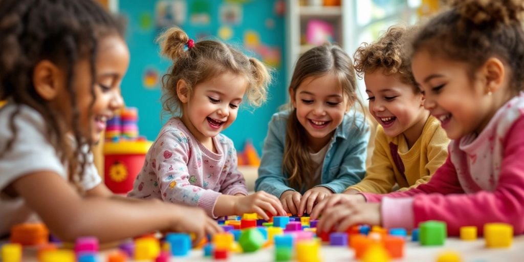 Enfants jouant ensemble dans un cadre coloré et joyeux.