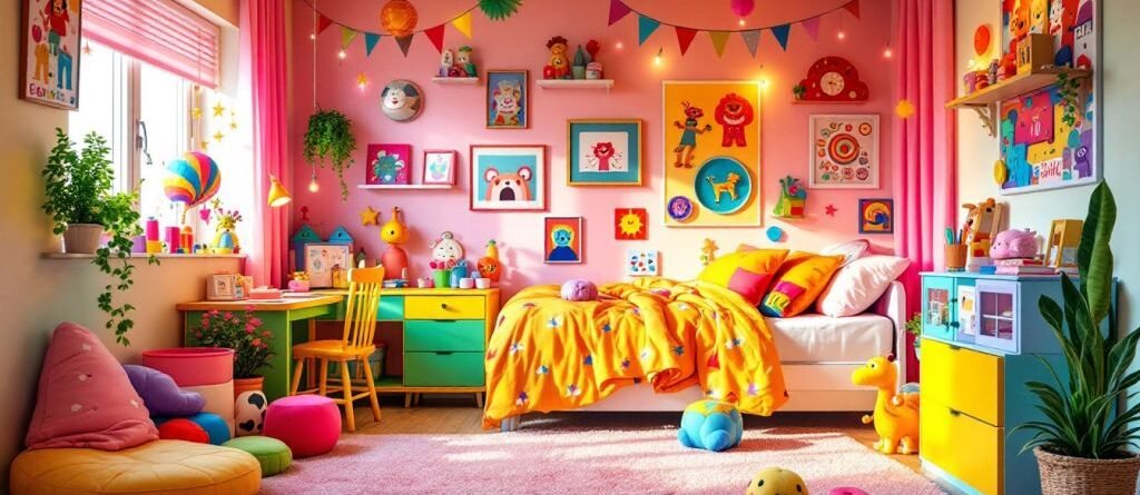 Chambre d'enfant joyeuse avec décoration colorée.