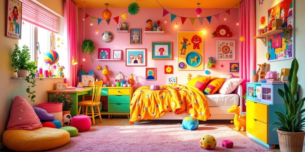 Chambre d'enfant joyeuse avec décoration colorée.