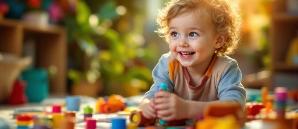 Enfant jouant joyeusement dans un environnement bienveillant.