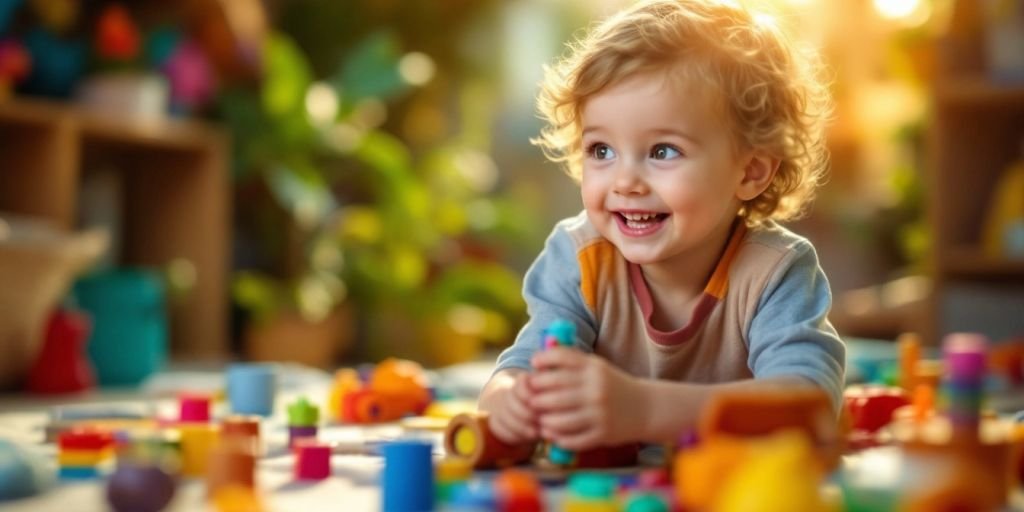 Enfant jouant joyeusement dans un environnement bienveillant.