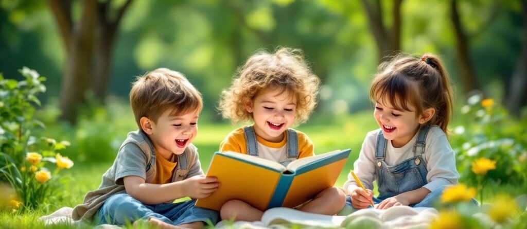 Des enfants joyeux jouant dans un parc verdoyant.