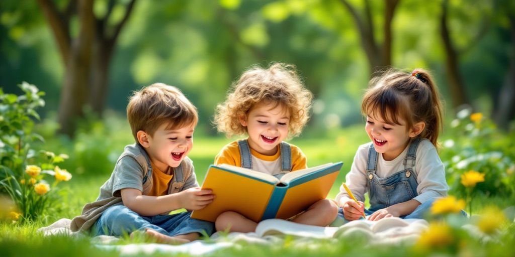 Des enfants joyeux jouant dans un parc verdoyant.