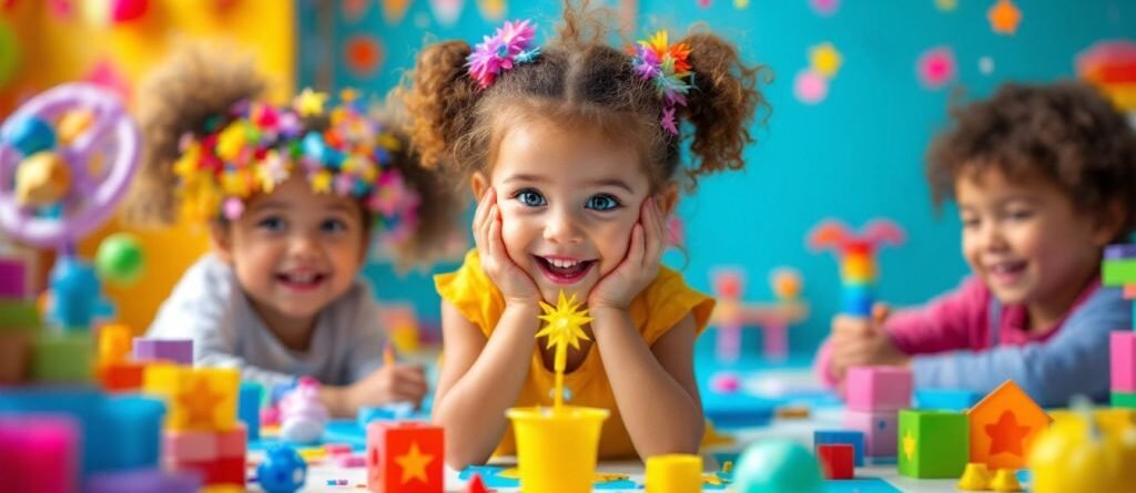 Enfants jouant avec des jouets colorés et créatifs.