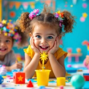 Enfants jouant avec des jouets colorés et créatifs.