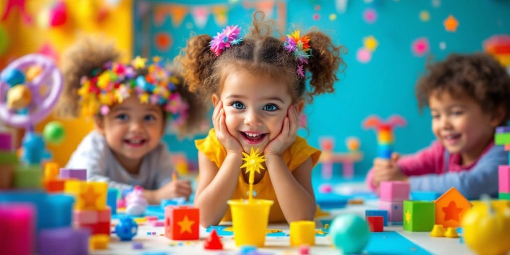 Enfants jouant avec des jouets colorés et créatifs.